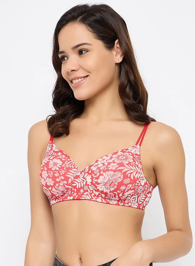 Clovia Clovia Padded Non-Wired Full Cup Floral Print T-shirt Bra in Light Red