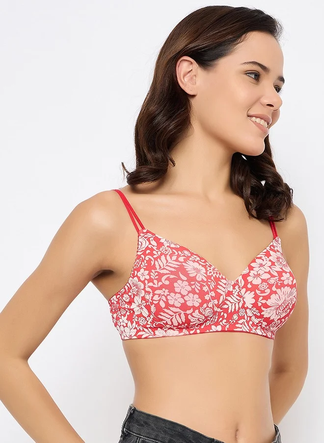 Clovia Clovia Padded Non-Wired Full Cup Floral Print T-shirt Bra in Light Red