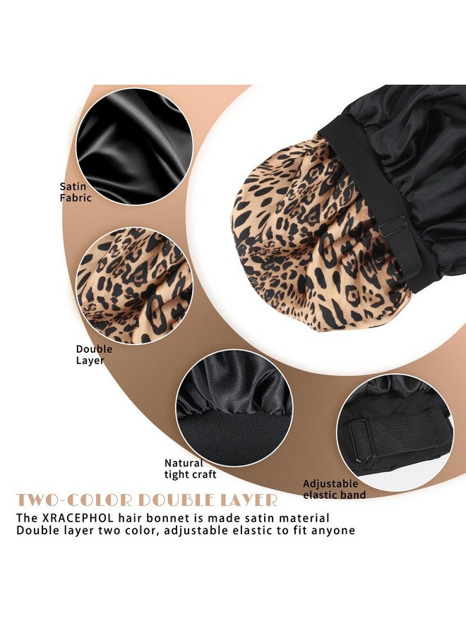 XRACEPHOL Silk Bonnet For Sleeping Double Layer Satin Bonnet Adjustable Bonnets For Black Women Sleep Cap Reversible Hair Bonnet For Curly Hair (Black And Leopard) - Image 3