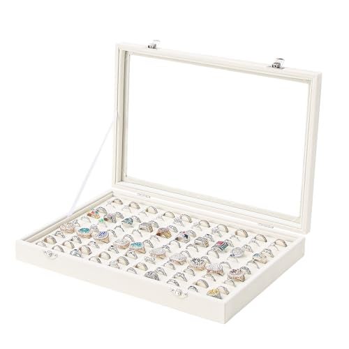 Coward Ring Organizer Jewelry Box Beige Velvet 100 Slots Ring Display Tray Case with Transparent Glass Lid for Home Use or Store Selling Show - Image 1
