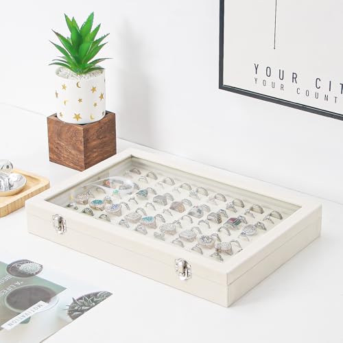 Coward Ring Organizer Jewelry Box Beige Velvet 100 Slots Ring Display Tray Case with Transparent Glass Lid for Home Use or Store Selling Show - Image 3