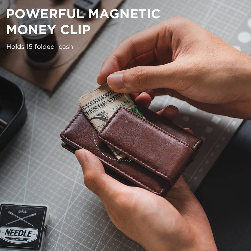 VULKIT Money Clip Wallet Pop Up Card Holder RFID Protection Mens Leather Wallet 2-IN-1 Business Card Holder For 7 Cards & 15 Bills - Image 2