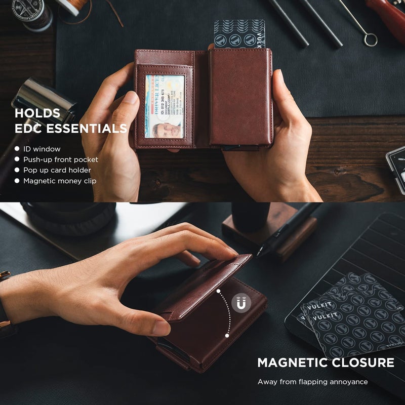 VULKIT Money Clip Wallet Pop Up Card Holder RFID Protection Mens Leather Wallet 2-IN-1 Business Card Holder For 7 Cards & 15 Bills - Image 5