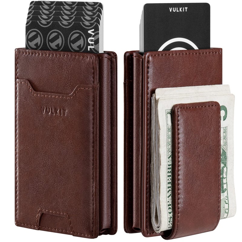 VULKIT Money Clip Wallet Pop Up Card Holder RFID Protection Mens Leather Wallet 2-IN-1 Business Card Holder For 7 Cards & 15 Bills - Image 1