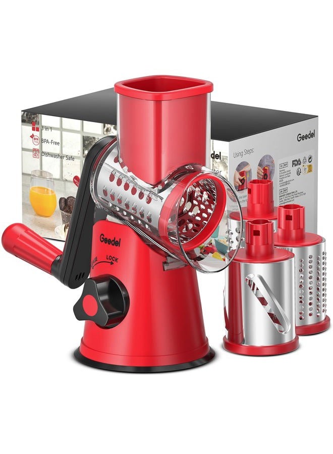 Geedel مبشرة جبن دوارة، قاطع خضار ماندولين للمطبخ مع 3 شفرات قابلة للتبديل، مبشرة سهلة التنظيف للفواكه والخضروات والمكسرات - Image 1