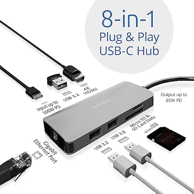 Kensington UH1400P USB-C 8-IN-1 DRIVERLESS MOBILE LAPTOP DOCK, UNIVERSAL, 8 PORTS, UP TO 85W POWER PASS-THROUGH, ULTRA HD (SINGLE 4K @ 60HZ) HIGH RES, PLUG & PLAY, WITH CABLE (K33820WW),BLACK - Image 3