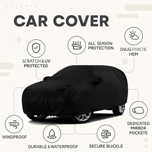 Sulfar 100% Water Resistant Car Body Cover Compatible with Mirror for Mahindra Thar (Triple Stitched, Full Bottom Elastic, Black) - Image 2