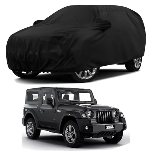 Sulfar 100% Water Resistant Car Body Cover Compatible with Mirror for Mahindra Thar (Triple Stitched, Full Bottom Elastic, Black) - Image 1