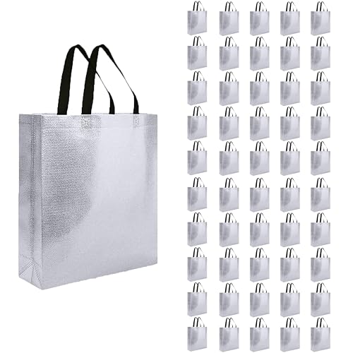Evafly Gift Bag Medium Size Pack of 50 : L13 x W12 x D4 inch|Resuable Non-Woven Shiny Metallic Laminated|Return Gift For Haldi/Wedding Favours/Baby Shower/Birthday - Silver - Image 1