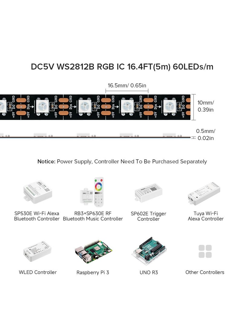 BTF-LIGHTING BTF-LIGHTING WS2812B IC RGB 5050SMD Pure Gold Individual Addressable LED Strip 16.4FT 300LED 60Pixel/m Flexible Full Color IP30 DC5V for DIY Chasing Color Project(No Adapter or Controller)  - Image 4