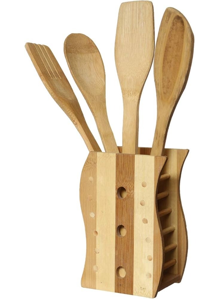 5-Piece Wooden Cutlery Set With Spoon Holder Beige/Brown 8 x 14cm