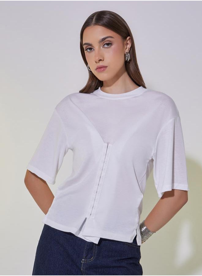 Take Two Solid Round Neck Hook and Eye Detail T-Shirt  - Image 1