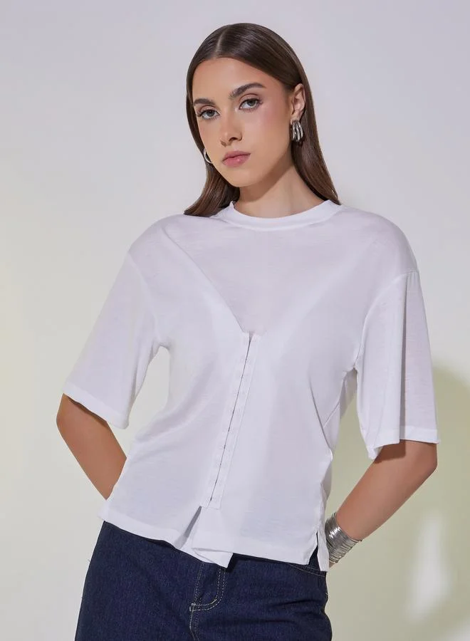 Take Two Solid Round Neck Hook and Eye Detail T-Shirt