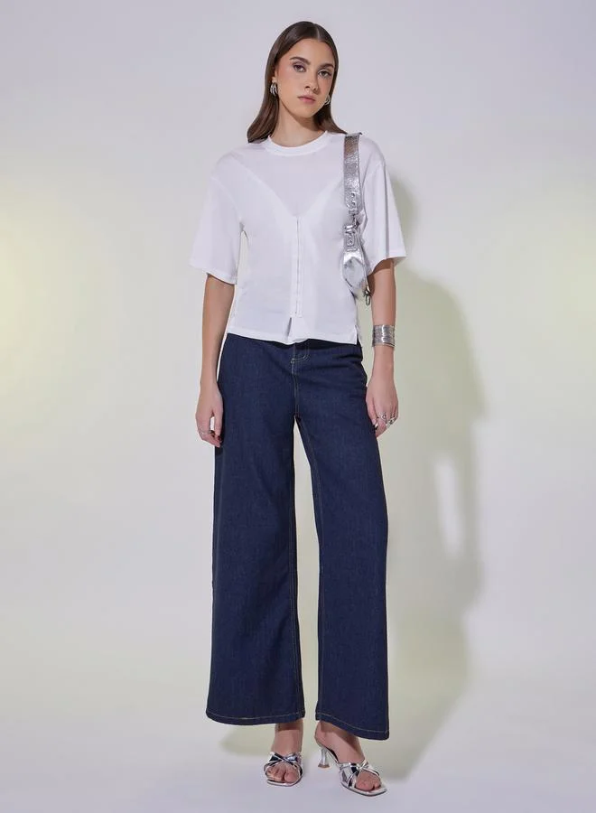 Take Two Solid Round Neck Hook and Eye Detail T-Shirt