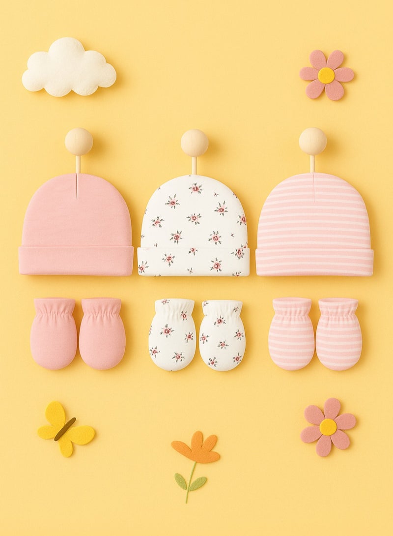Kisunya 6-Piece Baby Girl Hat and Sock Set – Sweet Pink Rose Pattern, Includes 3 Soft & Comfortable Hats and 3 Pairs of Cozy Socks, Gentle on Newborn Skin, Windproof, Warm, and Fontanelle Protective, Ideal for Newborns and Infants, Perfect Gift Set - Image 1