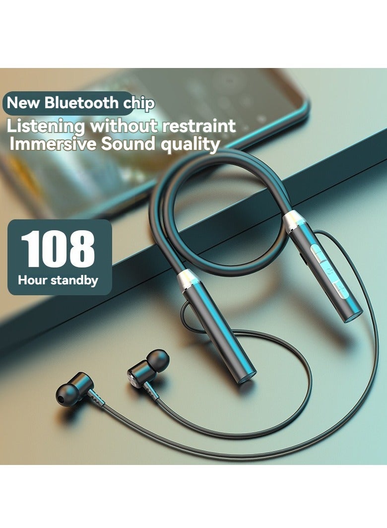 Neck hanging stereo music headphones in-ear hanging neck binaural sports running long standby wireless Bluetooth headset black - Image 1