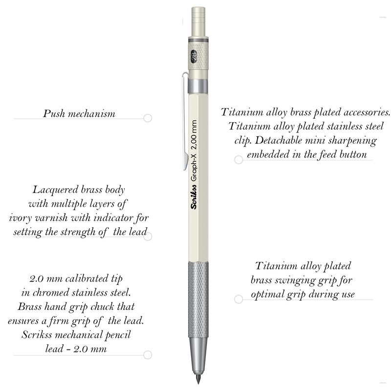 Scrikss 20mm Mechanical Clutch Lead Pen Pencil Ivory Brass Body Push Mechanism GraphX Series Mini Removable Sharpener - Image 2