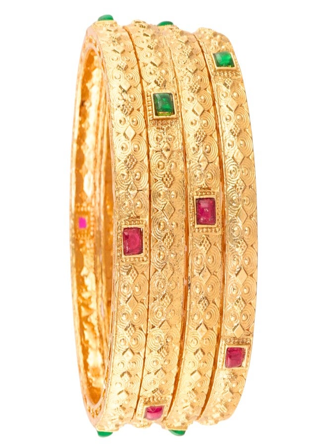 STYOLLO Traditional Rajwadi Brass Kada Set For Women & Girls With Emerald Stone & Filigree Design | AD Stone Kangan | Everyday Bangles | Party Kada Set For Women - Set Of 4 (SYL_DC10_90469-Gold-2.8) - Image 2