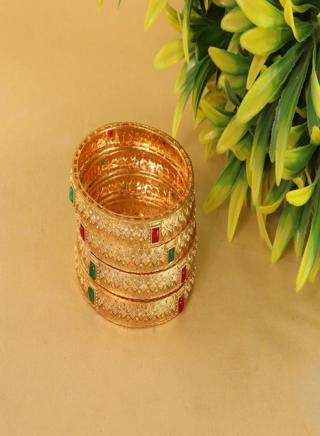 STYOLLO Traditional Rajwadi Brass Kada Set For Women & Girls With Emerald Stone & Filigree Design | AD Stone Kangan | Everyday Bangles | Party Kada Set For Women - Set Of 4 (SYL_DC10_90469-Gold-2.8) - Image 3