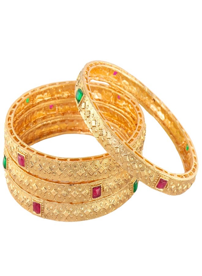 STYOLLO Traditional Rajwadi Brass Kada Set For Women & Girls With Emerald Stone & Filigree Design | AD Stone Kangan | Everyday Bangles | Party Kada Set For Women - Set Of 4 (SYL_DC10_90469-Gold-2.8) - Image 1