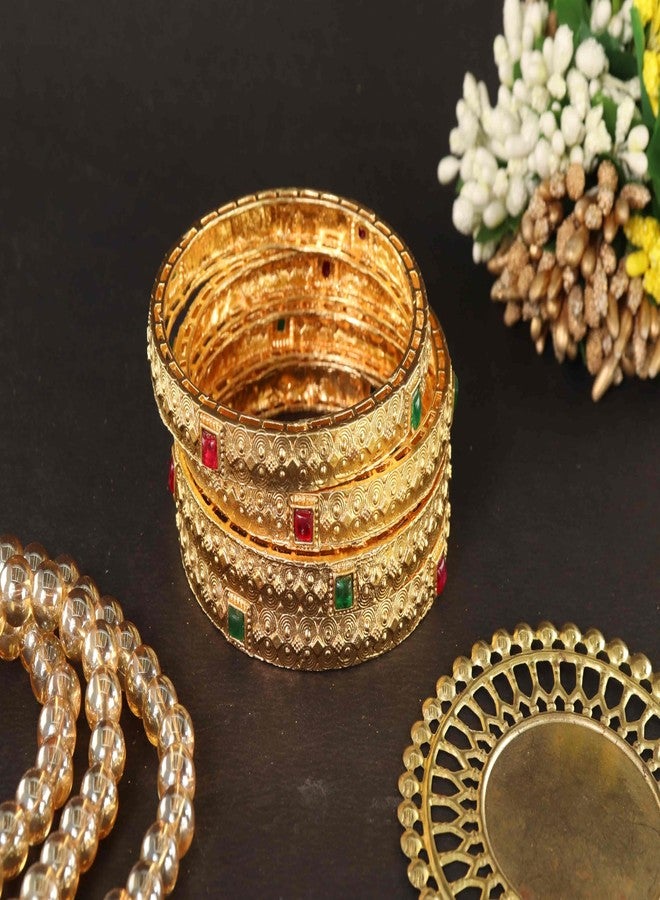 STYOLLO Traditional Rajwadi Brass Kada Set For Women & Girls With Emerald Stone & Filigree Design | AD Stone Kangan | Everyday Bangles | Party Kada Set For Women - Set Of 4 (SYL_DC10_90469-Gold-2.8) - Image 5
