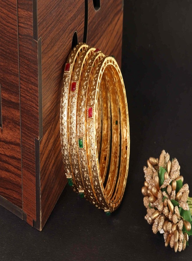 STYOLLO Traditional Rajwadi Brass Kada Set For Women & Girls With Emerald Stone & Filigree Design | AD Stone Kangan | Everyday Bangles | Party Kada Set For Women - Set Of 4 (SYL_DC10_90469-Gold-2.8) - Image 4