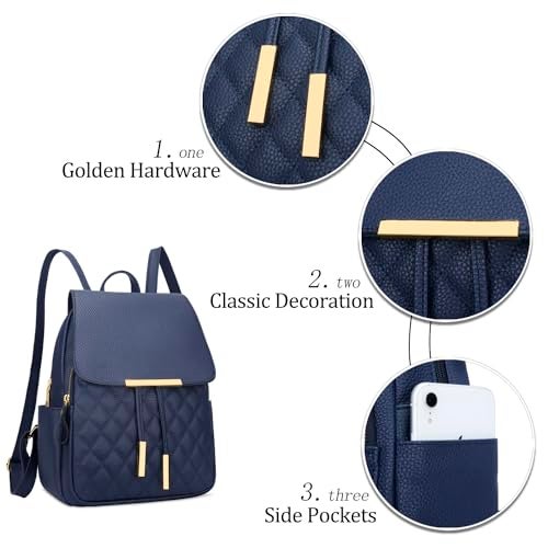 KKXIU Quilted Trendy Leather Backpack Purse for Women and Ladies Shoulder Travel Daypacks Bags (Navy) - Image 3