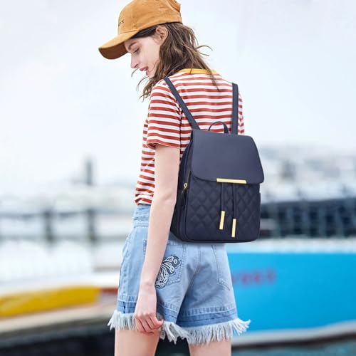KKXIU Quilted Trendy Leather Backpack Purse for Women and Ladies Shoulder Travel Daypacks Bags (Navy) - Image 2