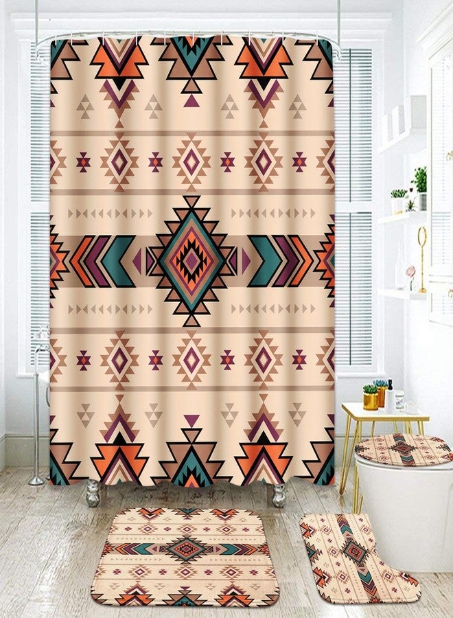 ArtSocket Boho Retro Bathroom Set with Shower Curtain and Rugs Accessory, Traditional Rhombus Summer Colorful Abstract Shower Curtain for Bathroom Decor 4 Pcs - Image 1