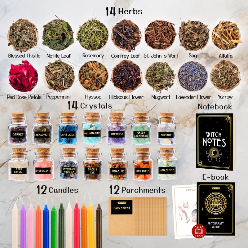 Wyspell Witchcraft Supplies Kit for Witch Altar 54PCS - Spell Candles for Witches - Crystals Spell Jars for Witches - Herbs for Spells - Beginner Witch Starter Box - Witchcraft Kit - Image 2