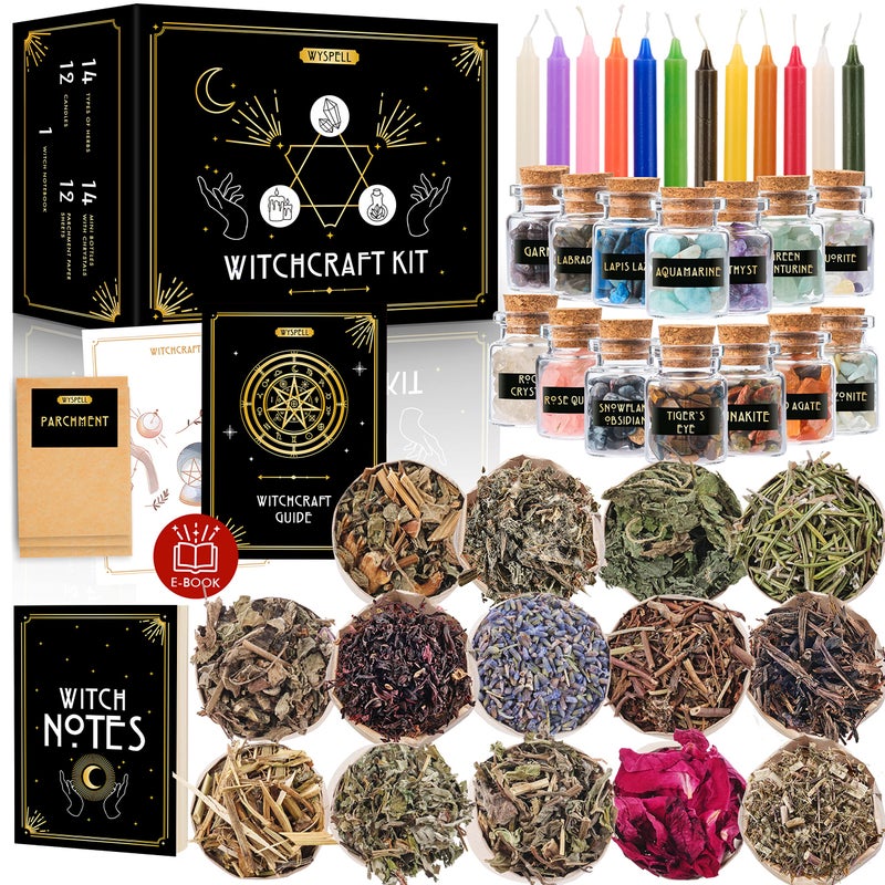 Wyspell Witchcraft Supplies Kit for Witch Altar 54PCS - Spell Candles for Witches - Crystals Spell Jars for Witches - Herbs for Spells - Beginner Witch Starter Box - Witchcraft Kit - Image 1