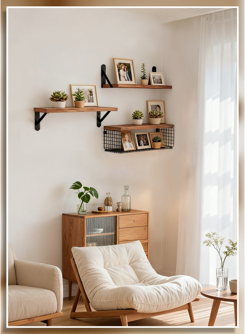 وين هولدر أرفف جدارية عائمة (4 قطع)، رفّان، ورفّان للتخزين. رفوف تخزين جدارية ريفية من الخشب والمعدن مع حاجز شبكي، مصنوعة من الخشب الطبيعي، مناسبة لغرف النوم، والحمامات، والمطابخ، وغرف المعيشة، وغرف الغسيل، وديكورات الخزائن. - Image 5