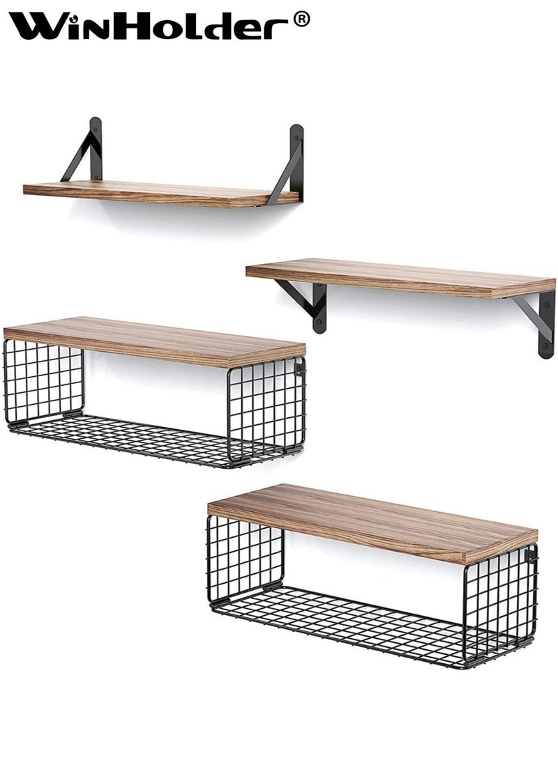 وين هولدر أرفف جدارية عائمة (4 قطع)، رفّان، ورفّان للتخزين. رفوف تخزين جدارية ريفية من الخشب والمعدن مع حاجز شبكي، مصنوعة من الخشب الطبيعي، مناسبة لغرف النوم، والحمامات، والمطابخ، وغرف المعيشة، وغرف الغسيل، وديكورات الخزائن. - Image 2