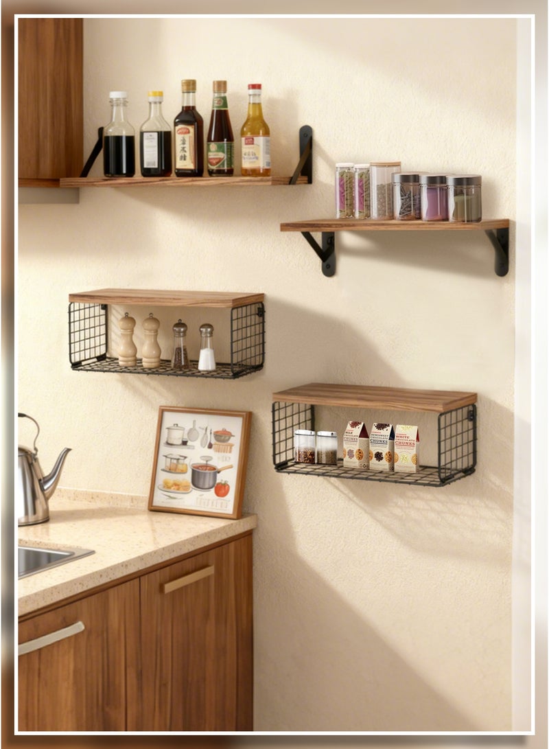 وين هولدر أرفف جدارية عائمة (4 قطع)، رفّان، ورفّان للتخزين. رفوف تخزين جدارية ريفية من الخشب والمعدن مع حاجز شبكي، مصنوعة من الخشب الطبيعي، مناسبة لغرف النوم، والحمامات، والمطابخ، وغرف المعيشة، وغرف الغسيل، وديكورات الخزائن. - Image 1