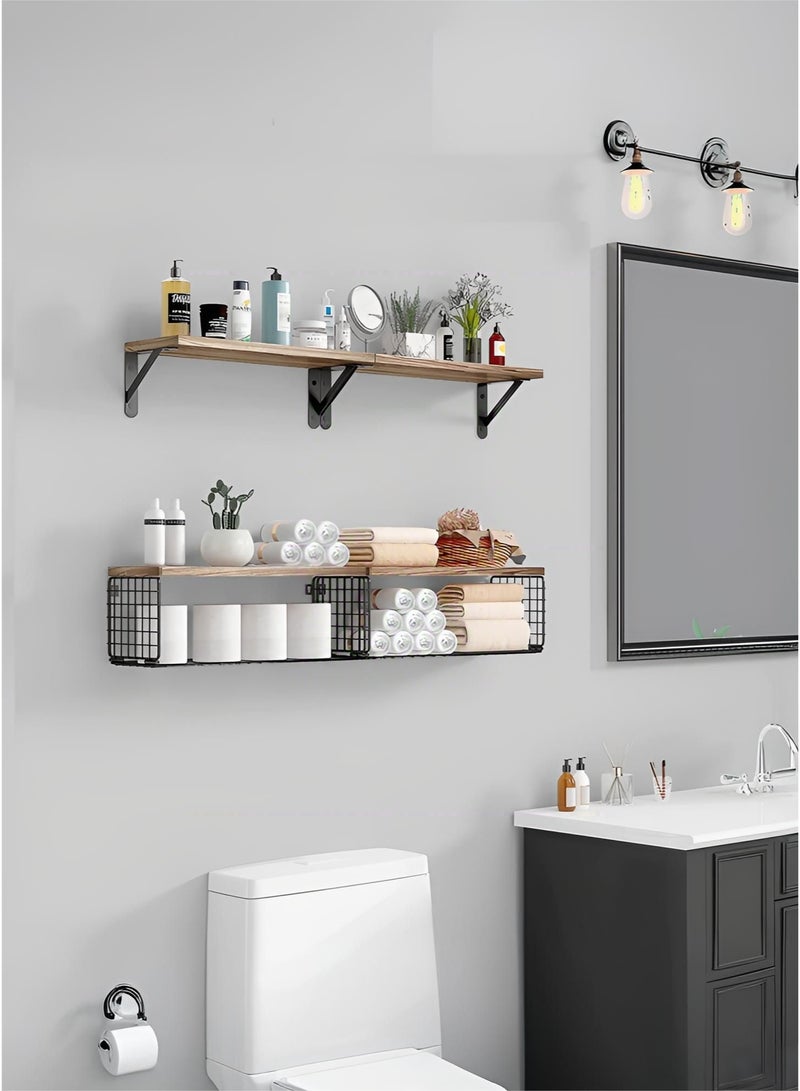 وين هولدر أرفف جدارية عائمة (4 قطع)، رفّان، ورفّان للتخزين. رفوف تخزين جدارية ريفية من الخشب والمعدن مع حاجز شبكي، مصنوعة من الخشب الطبيعي، مناسبة لغرف النوم، والحمامات، والمطابخ، وغرف المعيشة، وغرف الغسيل، وديكورات الخزائن. - Image 3