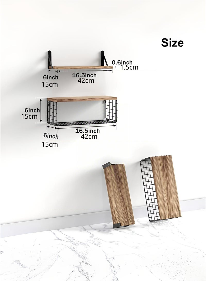 وين هولدر أرفف جدارية عائمة (4 قطع)، رفّان، ورفّان للتخزين. رفوف تخزين جدارية ريفية من الخشب والمعدن مع حاجز شبكي، مصنوعة من الخشب الطبيعي، مناسبة لغرف النوم، والحمامات، والمطابخ، وغرف المعيشة، وغرف الغسيل، وديكورات الخزائن. - Image 4