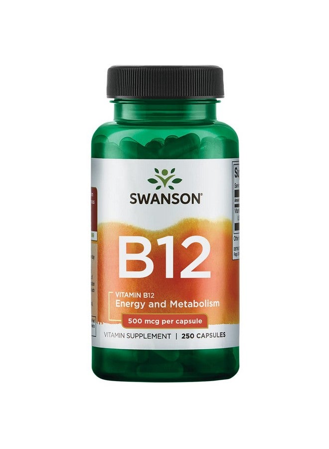SWANSON Vitamin B12 (Cyanocobalamin) Vitamin Supplement Promoting Energy Metabolism Nervous System Health & Heart Support Supports Red Blood Cell Formation (250 Capsules 500Mcg Each) - Image 1