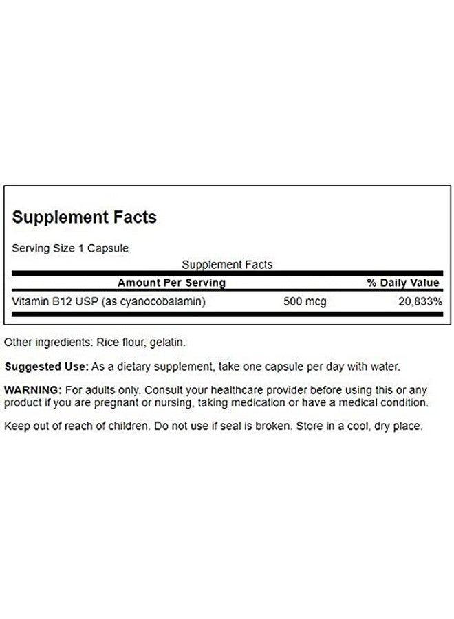 SWANSON Vitamin B12 (Cyanocobalamin) Vitamin Supplement Promoting Energy Metabolism Nervous System Health & Heart Support Supports Red Blood Cell Formation (250 Capsules 500Mcg Each) - Image 3