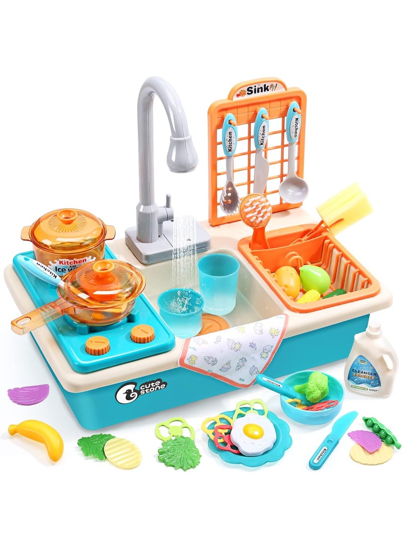 CUTE STONE Play Kitchen Sink Toys with Upgraded Real Faucet, Play Cooking Stove, Cookware Pot and Pan,Play Food, Color Changing Dishes Accessories for Boys Girls Toddlers - Image 1