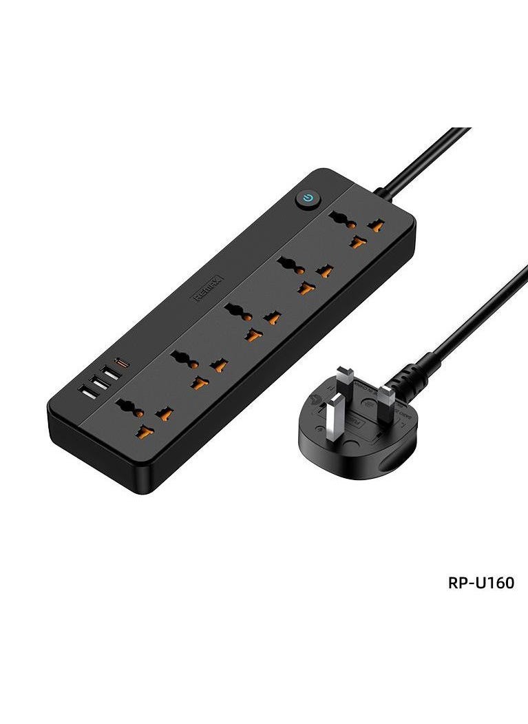 REMAX Remax RP-U160 30W 3A1C 5-Outlet Power Strip (UK Plug) with 1.5M Cable, Universal Compatibility, and Fast Charging Support 