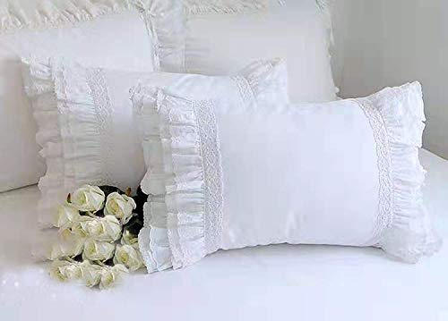 Meaning4 2-Pack Bright White Pillow Shams Cases Covers with Ruffles and Embroidery Lace Egypt Cotton King Size 20"X36" Princess Girls Bed - Image 3