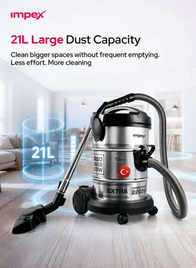 Impex Turkish Vacuum Cleaner, 2200W High Power Wet & Dry Vacuum Cleaner, 21L Large Capacity, Strong Metal Body, Low Noise, Telescopic Metal Tube, 5M Power Cord, Dust Full Indicator - VC4708 21 L 2200 W VC 4708 Silver&Black - Image 3