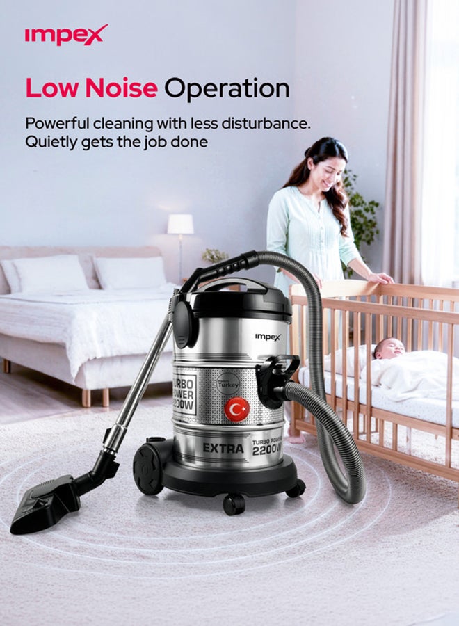 Impex Turkish Vacuum Cleaner, 2200W High Power Wet & Dry Vacuum Cleaner, 21L Large Capacity, Strong Metal Body, Low Noise, Telescopic Metal Tube, 5M Power Cord, Dust Full Indicator - VC4708 21 L 2200 W VC 4708 Silver&Black - Image 5
