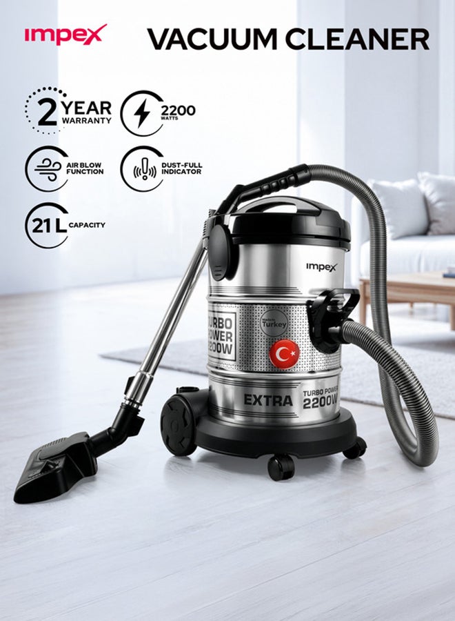 Impex Turkish Vacuum Cleaner, 2200W High Power Wet & Dry Vacuum Cleaner, 21L Large Capacity, Strong Metal Body, Low Noise, Telescopic Metal Tube, 5M Power Cord, Dust Full Indicator - VC4708 21 L 2200 W VC 4708 Silver&Black - Image 1