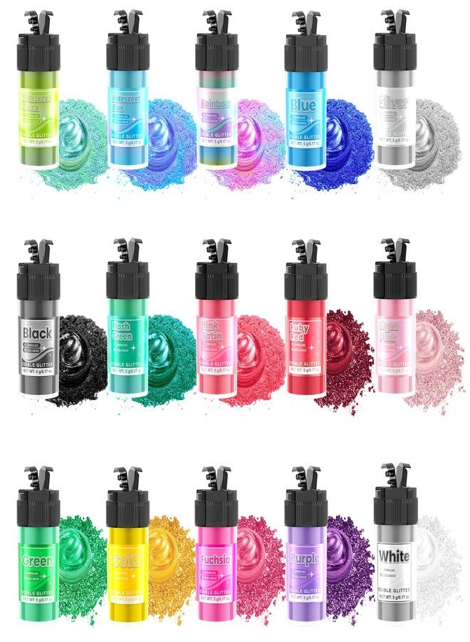 ERCorArt Edible Glitter - 15 Popular Colors Edible Glitter for Cocktails, Food Grade Luster Dust, Iridescent Shimmer Powder for Cake Decorations, Drinks, Baking, Dessert - 3 Particle Sizes - 5g/Bottle - Image 1