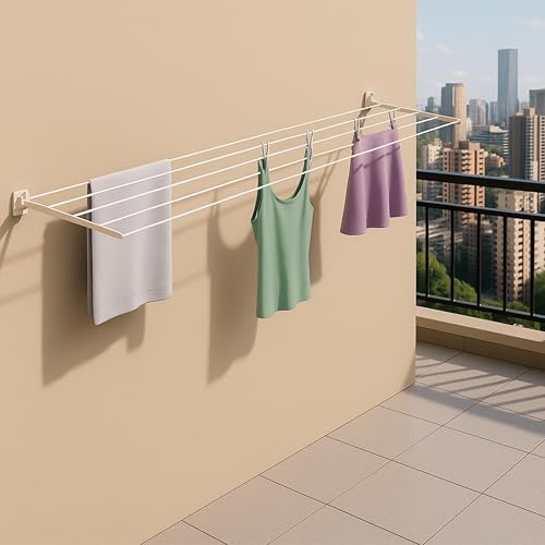Boniry Foldable Wall Mounted Cloth Drying Stand with 40 Feet Rope and Fasteners Set for Clothes Hanger for Home, Balcony Cloth Drying Rack (Powder Coated, Metal) - Image 2