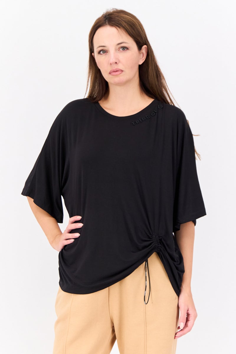 TRIBE OF 6 Women Round Neck Short Sleeve Embroidered Logo T-Shirt, Black - Image 1