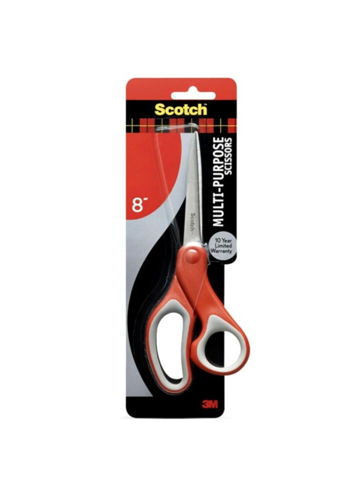 Scotch Multiporpose Scissors 8 in (20 cm) | Stainless Steel | Red and Grey color | Ergonomic Comfort Grip | Multipurpose | Office, Home and School use | Scissors | 1 scissors/pack - Image 1
