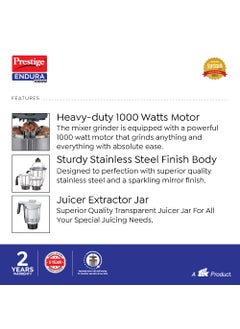 PRESTIGE Prestige 1000 Watts Endura Mixer Grinder 4 Jars (3 Stainless Steel Jar + 1 Juicer Jar)| Sturdy Stainless Steel Body| Ball Bearing Pure Copper Motor| 4 Super Efficient Blades| Black & Silver  - Image 5