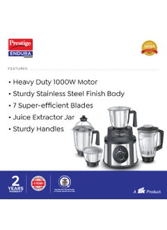 PRESTIGE Prestige 1000 Watts Endura Mixer Grinder 4 Jars (3 Stainless Steel Jar + 1 Juicer Jar)| Sturdy Stainless Steel Body| Ball Bearing Pure Copper Motor| 4 Super Efficient Blades| Black & Silver  - Image 4